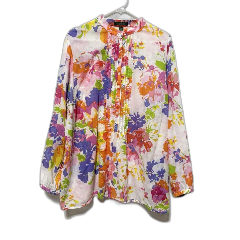 Lauren Ralph Lauren Womens 2X Floral Cotton Blouse Pintuck Tunic Top Lightweight